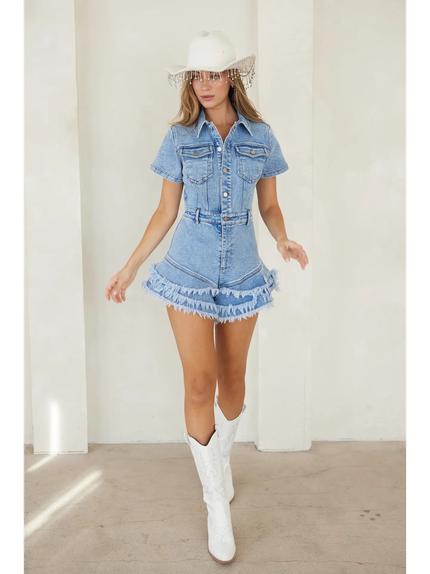Denim Romper w/Frayed Hem
