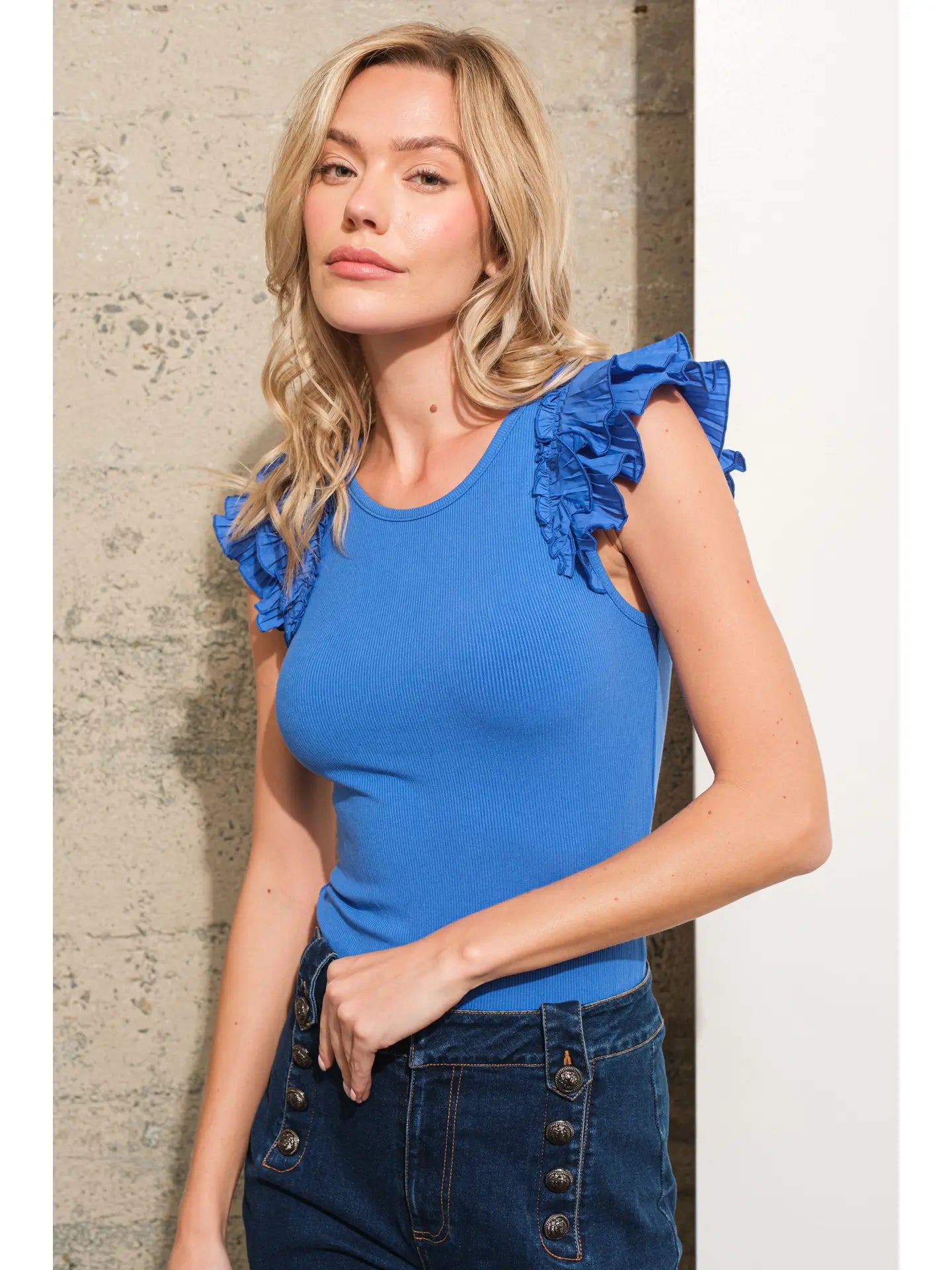 Ruffle Sleeve Tank - Blue